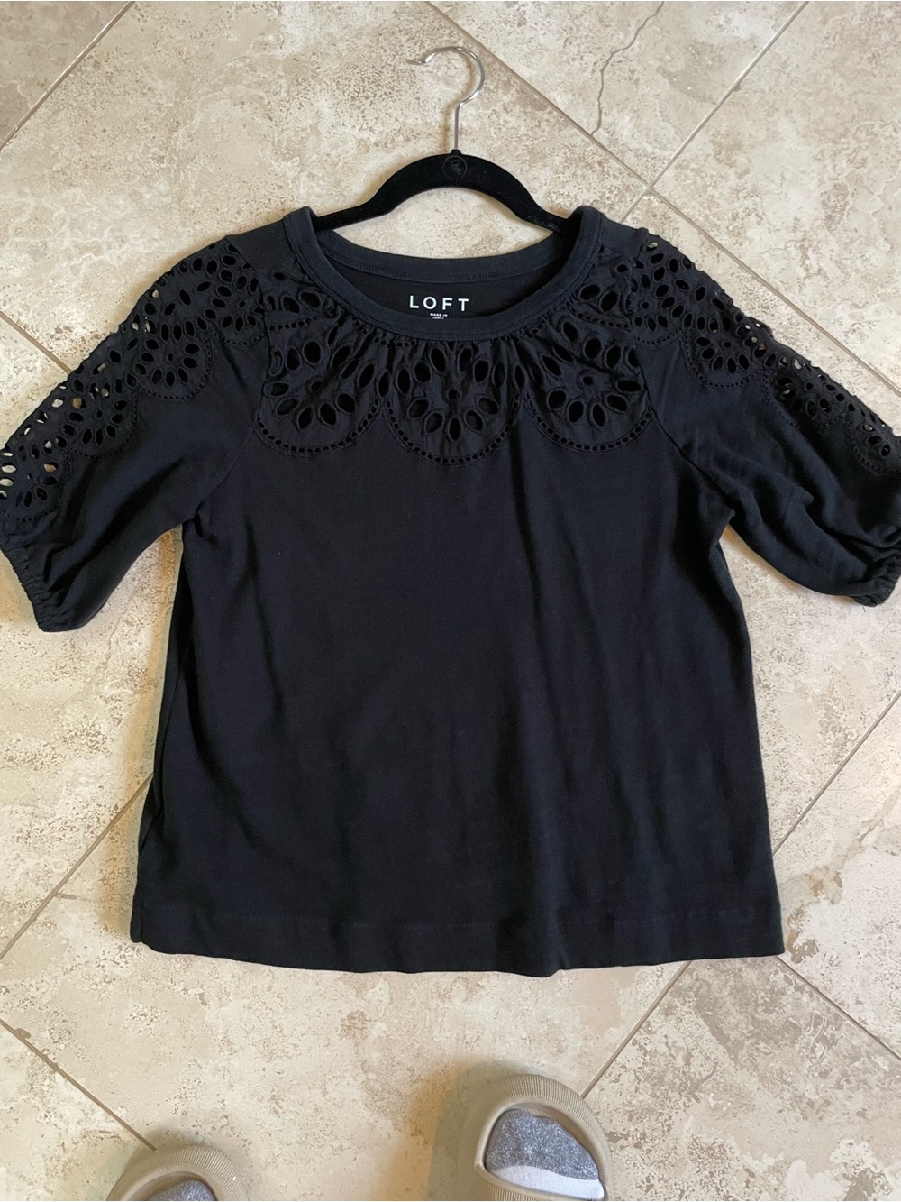 LOFT Black Eyelet-Trim Short Sleeve Top